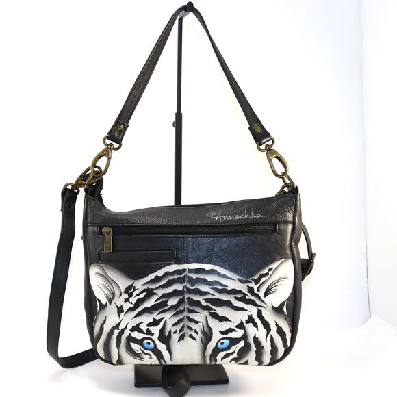 Anuschka Hand-Painted Leather Crossbody Bag – White Tiger Art - Picture 2 of 7